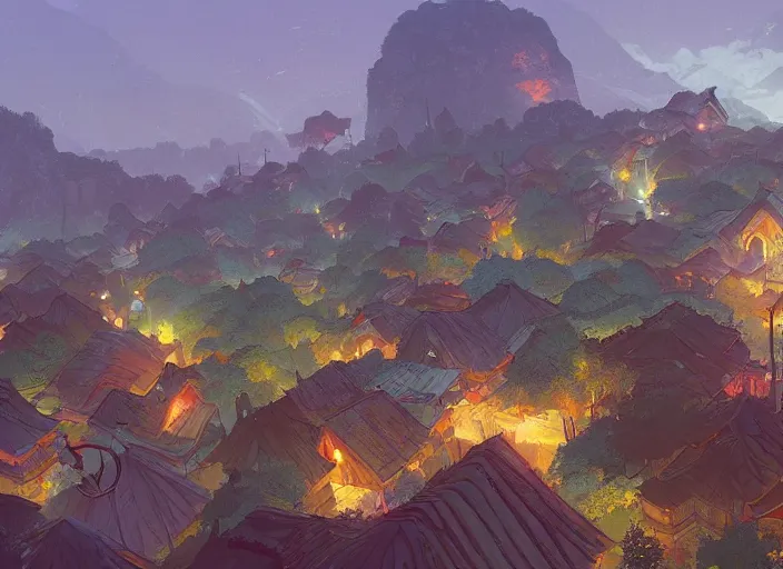 Image similar to concept art painting of a small woodland village in a valley seen from above, european japanese buildings, early morning, cel shaded, detailed, realistic, by makoto shinkai and moebius and anton fadeev and james gurney
