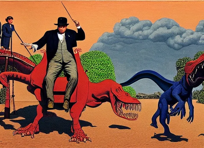 Image similar to Winston Churchill riding a T-Rex, painting by Jean Giraud and René Magritte and Gary Panter