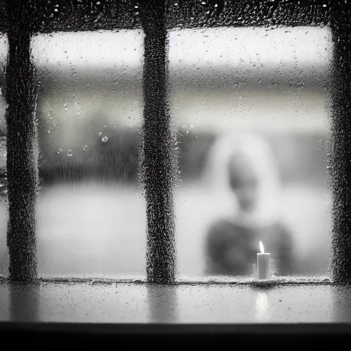 Prompt: a children photographed through a rainy window, bokeh, cinematic light, candles,