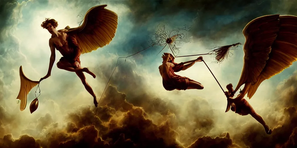 Image similar to Icarus trying to catch a quidditch, by Rolf Armstrong and Evelyn De Morgan and Bastien Lecouffe-Deharme, dramatic lighting, high contrast colors, baroque, empyrean, panoramic view, as trending on Artstation, highly detailed, doom engine,