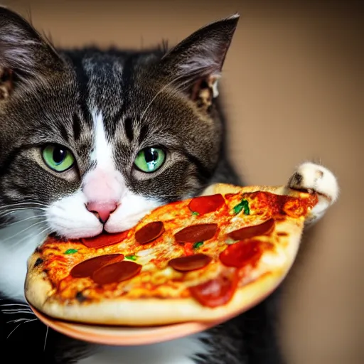 Image similar to close up of a cute cat eating pizza, off camera flash, fine hair detail, fine cat whiskers, sigma 24mm f/8