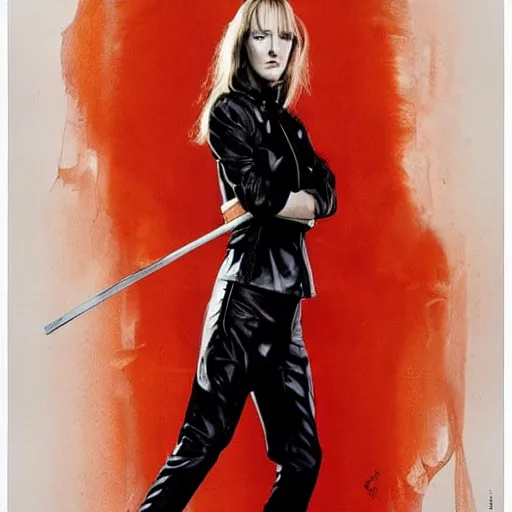 Image similar to Uma Thurman in Kill Bill (2003), full body portrait by Mad Dog Jones and Karol Bak