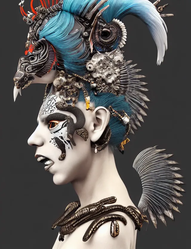 Image similar to 3 d goddess close - up profile portrait punk with mohawk with ram skull. beautiful intricately detailed japanese crow kitsune mask and clasical japanese kimono. betta fish, jellyfish phoenix, bio luminescent, plasma, ice, water, wind, creature, artwork by tooth wu and wlop and beeple and greg rutkowski