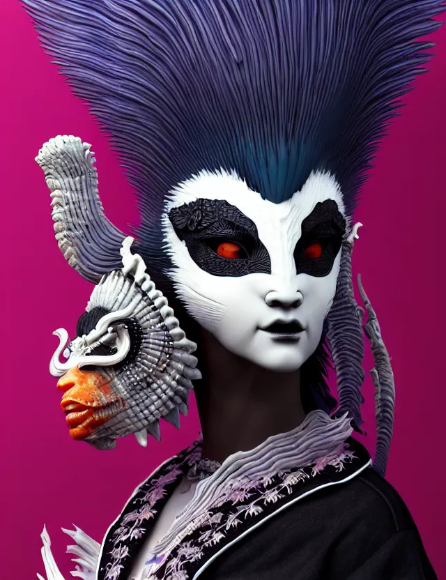 Image similar to 3 d goddess close - up profile simple portrait punk with mohawk with goat skull. beautiful intricately detailed japanese crow kitsune mask and clasical japanese kimono. betta fish, jellyfish phoenix, bio luminescent, plasma, ice, water, wind, creature, artwork by tooth wu and wlop and beeple and greg rutkowski