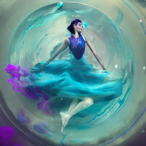 Prompt: masterpiece artwork of beautiful modern woman dancing underwater wearing a flowing dress made of blue, magenta, and yellow seaweed, delicate coral sea bottom, swirling silver fish, swirling smoke shapes, octane render, caustics lighting from above, cinematic, hyperdetailed