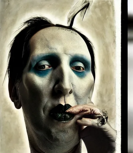 Image similar to portrait of marilyn manson by joel peter witkin and hieronymus bosch, high quality, high detail