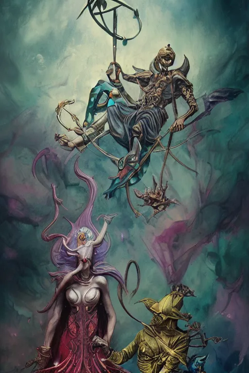 Image similar to an illustrated tarot card of The lovers based on the original rider waite tarot deck, full of colors, evil, satanic, high contrast, on old paper, insane details, concept art, elegant, unreal 5, CGSociety, hyperrealistic, octane render, by Peter Mohrbacher and Greg Rutkowski and brian froud and Craig Mullins, RPG portrait, dynamic lighting