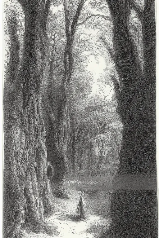 Prompt: black and white, woman near giant tree in the forest, Gustave Dore lithography