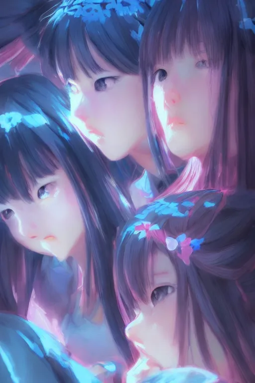 Prompt: 3d infrared octane render concept art by Mo Xiang Tong Xiu, by Igarashi Daisuke, by makoto shinkai, cute beauty cozy portraits anime sad schoolgirls under dark pink and blue tones, mirror room. light rays. deep water bellow. beautiful and cutest sad face. dramatic deep light, trending on artstation, oil painting brush