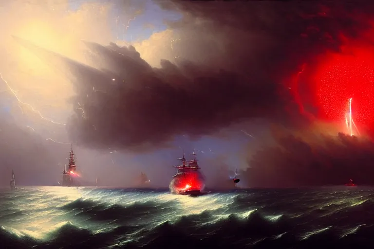 Image similar to A beautiful matte painting of huge spherical alien spaceship attacking with powerful red lasers a Sailship in ocean in thunderstorm by Greg Rutkowski and Ivan aivazovsky