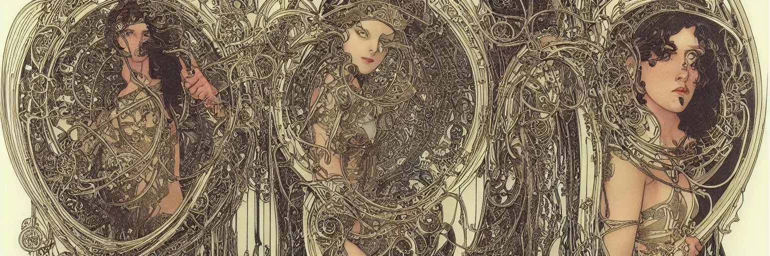 Image similar to art nouveau steelpunk frame and border designs only, no figures, no faces, no people, by travis charest, moebius and mucha, intricate, ornate, circuitry, gears, painted, extremely hyperdetailed, art deco, masterpiece, sharp focus, realistic technical details