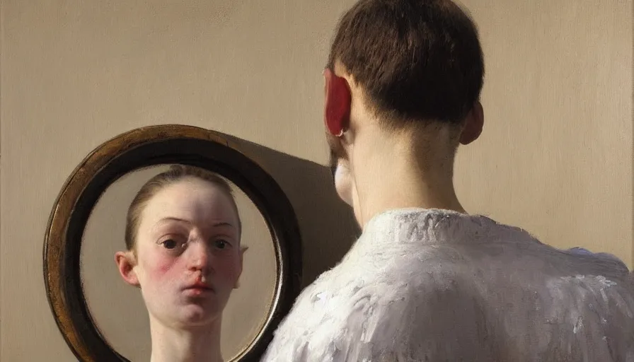 Prompt: painting by borremans, bird in front of the mirror, detailed, stunning