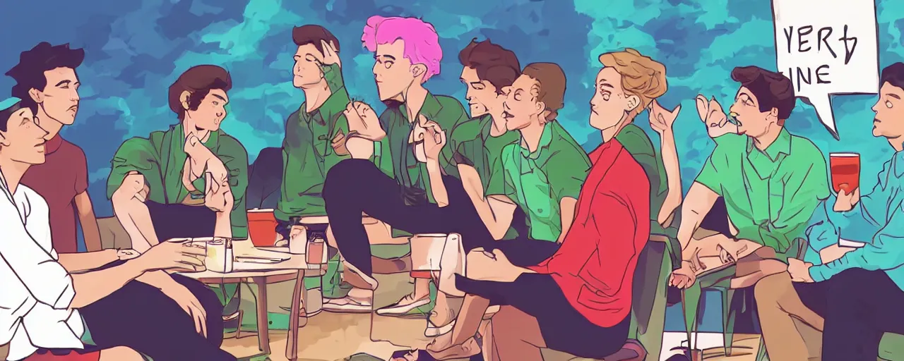 Prompt: a group of gen z friends sitting around talking about climate change while drinking old fashions, vaporwave cartoon