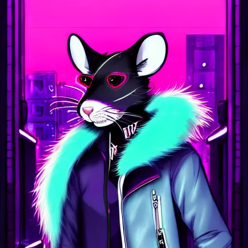 Image similar to beautiful furry digital art portrait commission of an androgynous furry anthro rat fursona wearing punk clothes in the streets of a cyberpunk city. neon signs. character design by charlie bowater, ross tran, artgerm, and makoto shinkai, detailed, inked