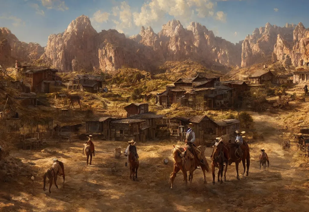 Prompt: a 1 8 th century old west far west small town in a stunning landscape by craig mullins, some cowboys ridign a horse or walking, oil on canvas big brushstrokes, line art, winning - award masterpiece, fantastic, octane render, 8 k hd resolution, high quality image