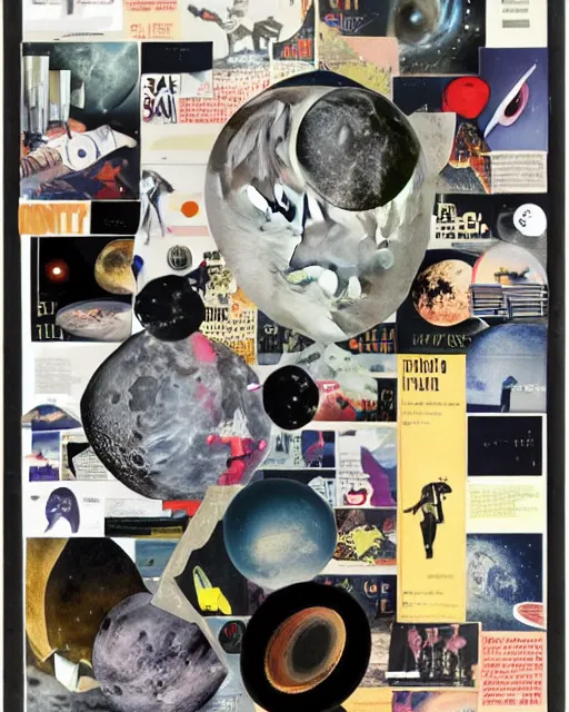 Image similar to A collage, made of random shapes cut from fashion magazines, of Space Travel, landing on the moon, mid-century modern.