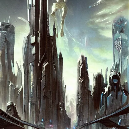 Image similar to An alien cityscape, futuristic alien beings walking through the streets, super advanced alien spacecraft flying in the skies above the city, by Frank Frazetta. Trending on CGSociety, 16k Resolution, hyperdetailed :: no blur, no grain, highly detailed, cinematic, realistic, HDR ::