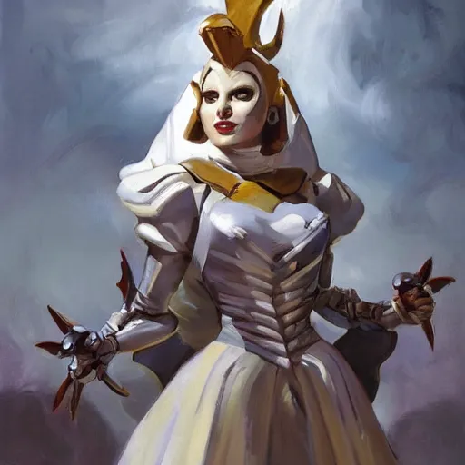 Image similar to greg manchess portrait painting of partially armored white queen from alice in wonderland as overwatch character, medium shot, asymmetrical, profile picture, organic painting, sunny day, matte painting, bold shapes, hard edges, street art, trending on artstation, by huang guangjian, gil elvgren, ruan jia, randy vargas, greg rutkowski