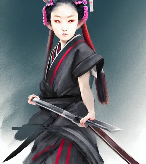 Image similar to a girl holding a katana, samurai outfit, japanese clothes, ponytail, action shot, highly detailed, digital painting, artstation, concept art, smooth, sharp focus, kunoichi, illustration