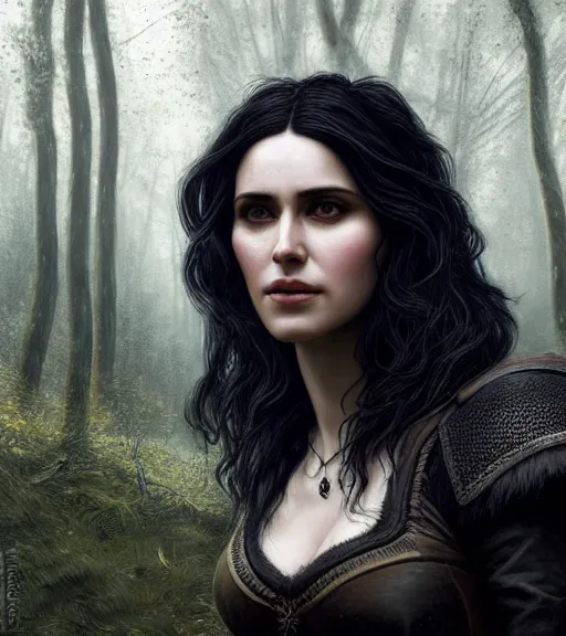 Image similar to 5 5 mm close up portrait photo of anya chalotra as yennefer of vengerberg in black leather armor and long black fluff hair, in a forest. magical atmosphere. art by greg rutkowski. lifelike. very detailed 8 k. intricate. soft light. nikon d 8 5 0.