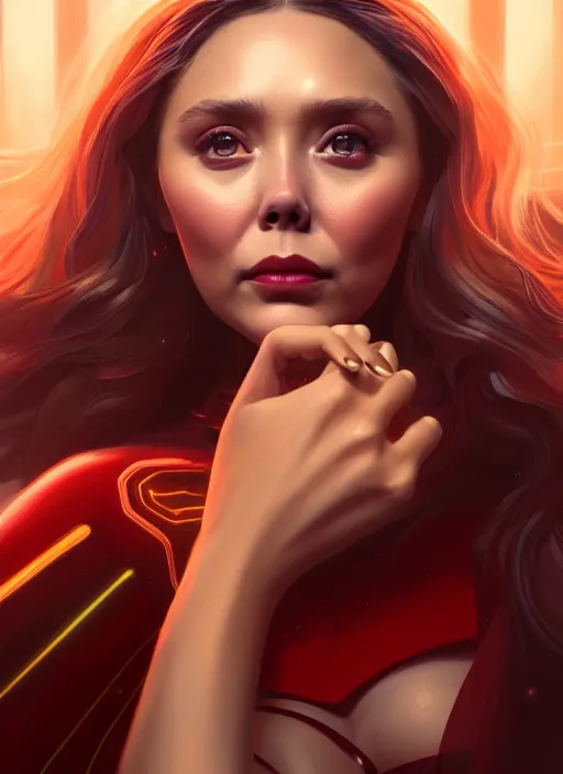 Image similar to portrait of modern darna, elizabeth olsen, intricate, elegant, glowing lights, highly detailed, digital painting, artstation, glamor pose, concept art, smooth, sharp focus, illustration, art by wlop, mars ravelo and greg rutkowski