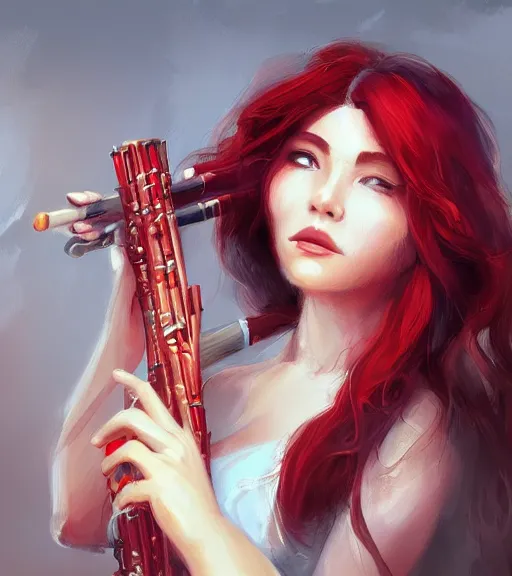 Image similar to a woman playing flute, full body shot, red hair, highly detailed, digital painting, artstation, concept art, smooth, sharp focus, illustration