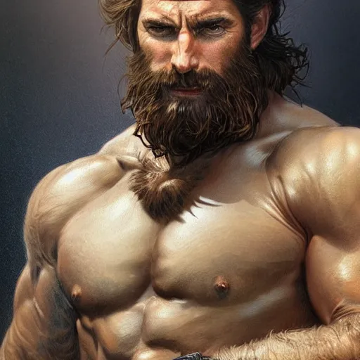 Image similar to portrait of a ruggedly handsome ranger, hands details, muscular, full body, leather, hairy, d & d, fantasy, intricate, elegant, highly detailed, digital painting, artstation, concept art, smooth, sharp focus, illustration, art by artgerm and greg rutkowski and alphonse mucha