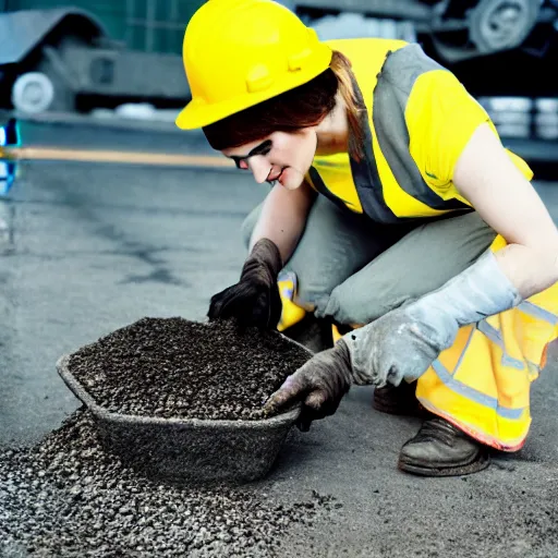 Prompt: photo, close up, emma watson in a hi vis vest, pouring asphalt, portrait, kodak gold 2 0 0,