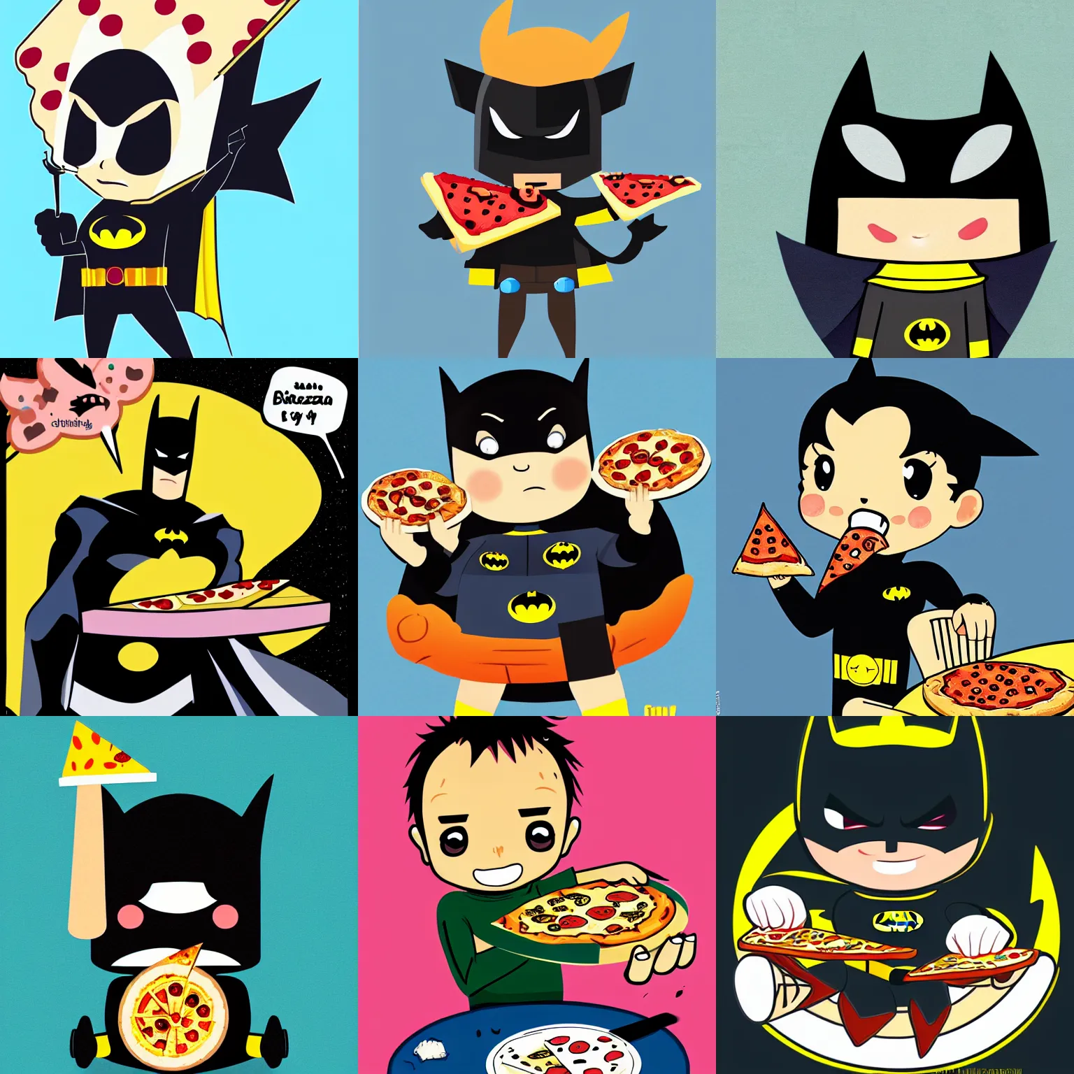Prompt: official illustration of cute chibi Batman eating pizza, trending in artstation, highly detailed, award-winning, official DC comics illustration, very cute, happy, gradient background, chibi