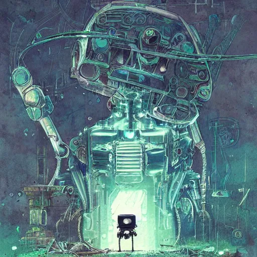 Image similar to A robot sitting alone in a junkyard + black layered paper + end of the world theme + elements + dark blue and green tones + neon + baroque + rococco + white + ink + marc simonetti, craig mullins, peter mohrbacher, michael whelan, detailed, intricate ink illustration, cinematic, mucha