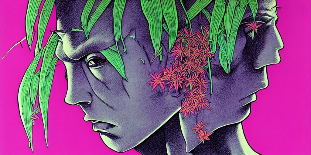 Image similar to risograph grainy drawing futuristic sci - fi antagonist face wearing earrings, photorealistic colors, face covered with plants and flowers, by moebius and satoshi kon and dirk dzimirsky close - up portrait, hyperrealistic