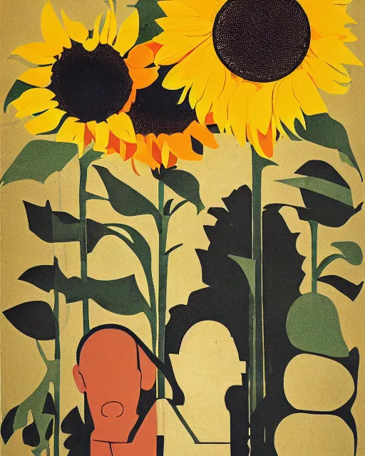 Prompt: a poster representing soldiers and sunflowers, retro, vintage, painted, sovietic era, by saul bass