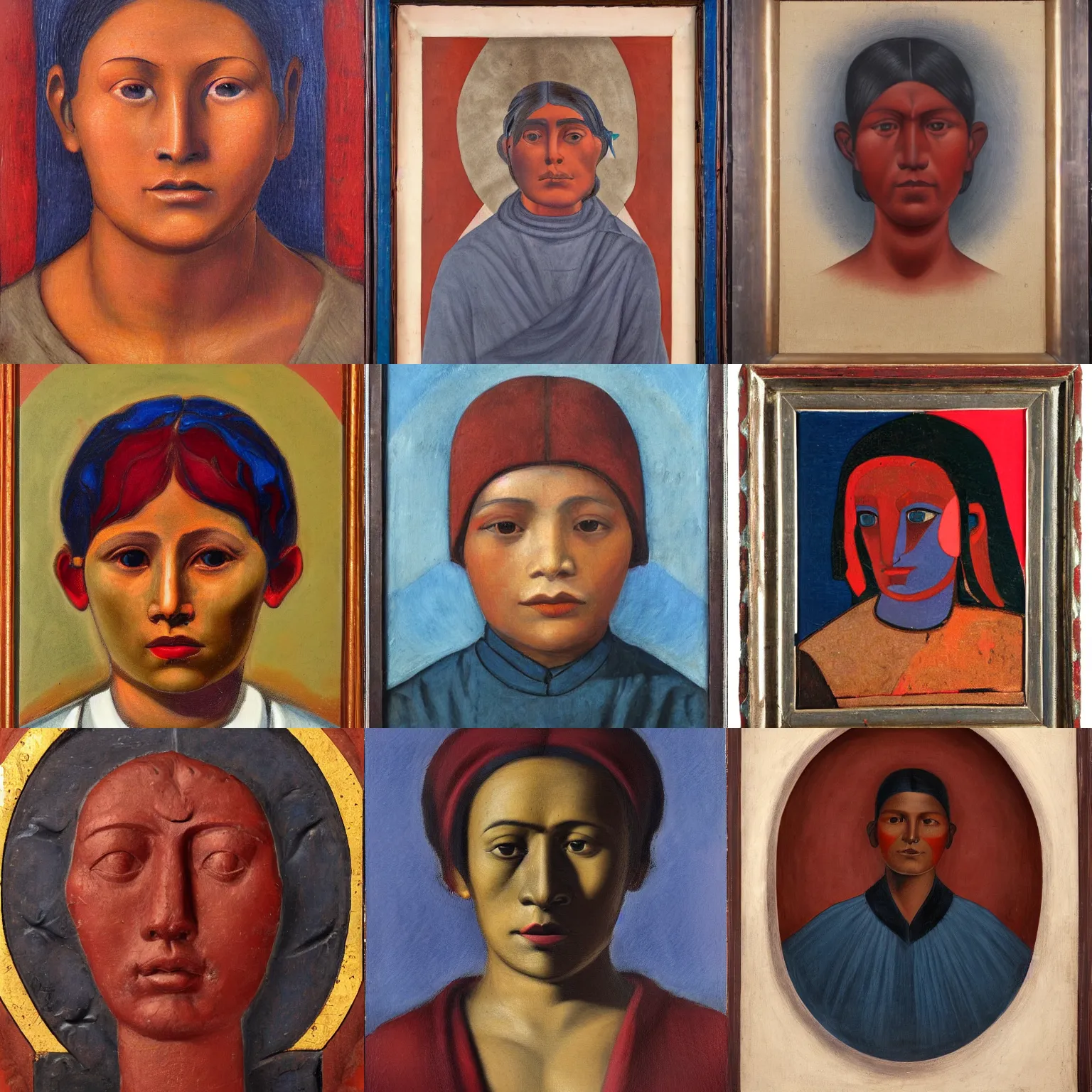 Prompt: portrait in the style of peruvian realism ( 1 9 2 3 ), prussian blue, red iron oxide, and titanium white