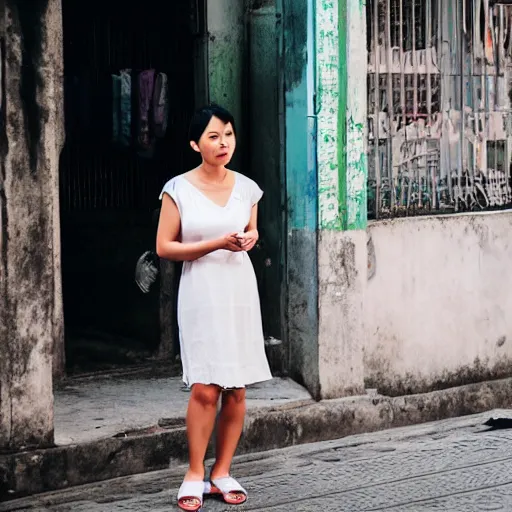 Prompt: Beautiful woman wearing a white sundress, in the streets of Hanoi. Photography, Canon