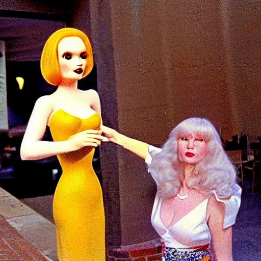 Image similar to 1981 color archival photo of a glamorous woman in a dress, and Casper the Friendly Ghost, in a sidewalk cafe, 16mm film soft color, earth tones and soft color 1981, live-action archival footage, in style of doris wishman russ meyer, woman looks like young mia farrow