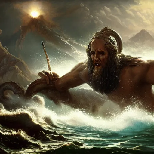 Prompt: epic painting of Moses parting the sea. a giant kraken is lurking on the sea floor, epic, concept Art, detailed, 4K