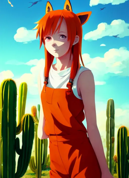 Image similar to portrait of cute redhead girl in orange jumpsuit with fox ears, holding a cactus, cloudy sky background lush landscape illustration concept art anime key visual trending pixiv fanbox by wlop and greg rutkowski and makoto shinkai and studio ghibli