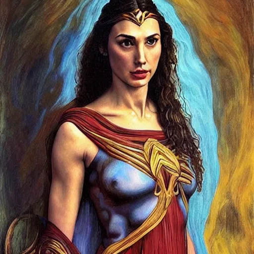 Image similar to Full body oil painting of the beautiful woman Gal Gadot, she is wearing some withe ancient greek cloths and a surreal ornate, her hair is natural disheveled, naturalism, dramatic lighting, high-detailed oil painting by Ilya Repin, Michelangelo da Caravaggio, William Blake, Alex Grey and Beksinski, trending on Artsatio, masterpiece, 4k, 8k,