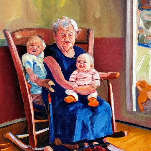 Image similar to painting in the zandinsky style of a grandmother sitting in a rocking chair, surrounded by her grandchildren, while she tells them a story