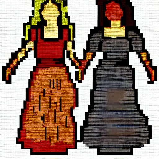 Image similar to two women holding hands in medieval fantasy kitchen, 8 bitfiction, pixel art