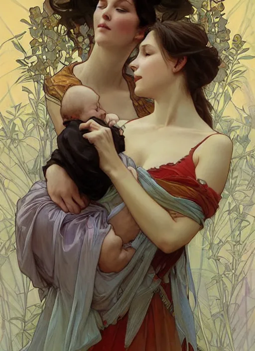 Image similar to a mother cradling her baby, beautiful painting by artgerm and greg rutkowski and alphonse mucha