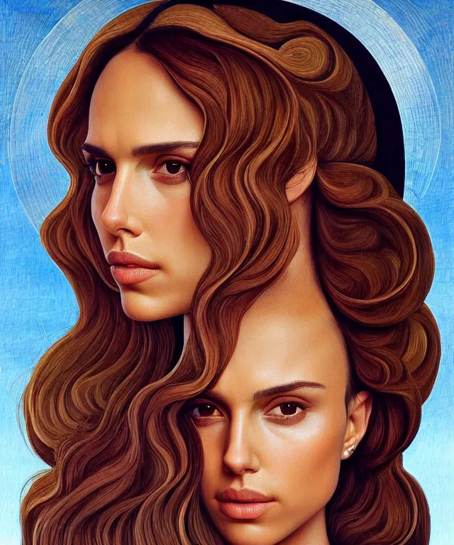 Image similar to half Nathalie portman half jessica alba portrait by Sandro Botticelli, sci-fi, amber eyes, beautiful face, appealing long hair, fantasy, intricate, elegant, highly detailed, digital painting, artstation, concept art, smooth, sharp focus, oil painted illustration by Sandro Botticelli