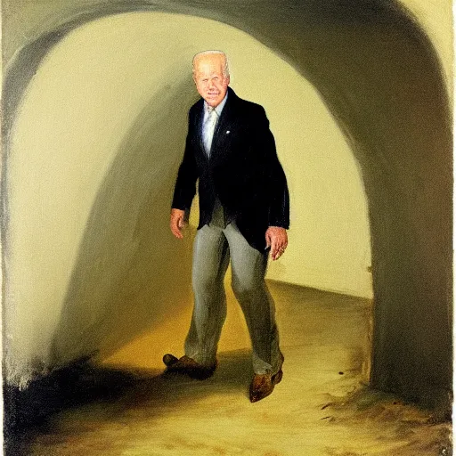 Prompt: president biden emerging from an underground white house, francisco goya oil painting