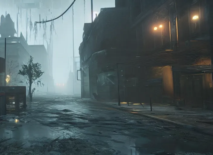 Image similar to dark, misty, foggy, flooded chicago city street, swamp and grunge in destiny 2, liminal creepy, dark, dystopian, abandoned highly detailed 4 k in - game destiny 2 gameplay showcase