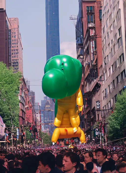 Image similar to inflatable balloon of mark zuckerberg, macy ’ s parade, canon 5 d, 5 0 mm lens, fuji 8 0 0 film