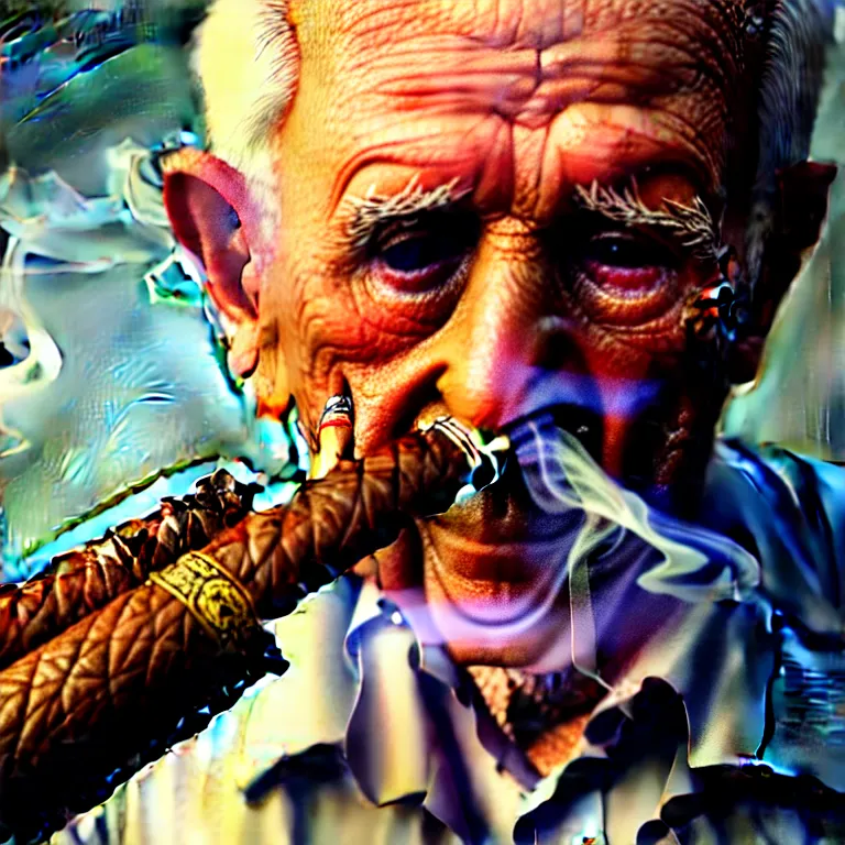 Image similar to a detailed portrait of an old man, smoking a lit perfectly symmetrical cuban cigar, cinematic photography, smoke rising like clouds, beautifully symmetrical, super resolution, cgi, trending on art station, volumetric lighting & shadows, hyper detailed, 8 k, unreal engine, canon 2 0 0 mm,