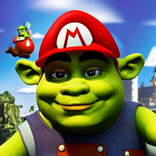 Prompt: shrek wearing mario hat, 8 k