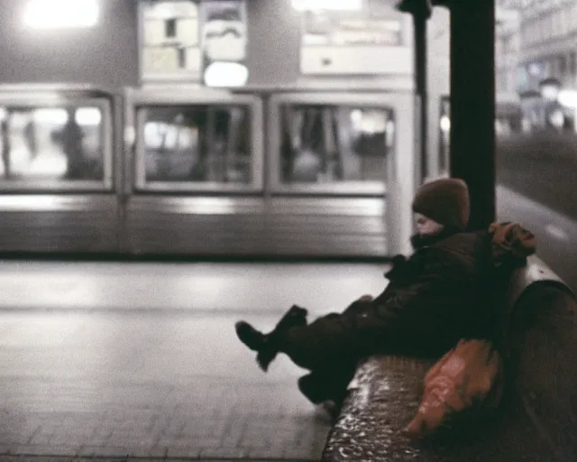 Image similar to a lomographic photo of russian lone man sitting in bus station at evening, cinestill, bokeh