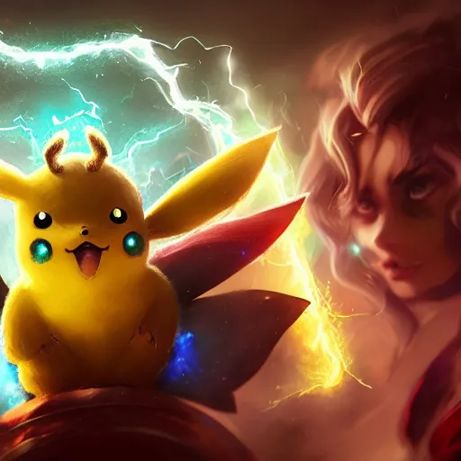 Image similar to portrait of pikachu as a spellcaster, league of legends amazing splashscreen artwork, legends of runeterra, splash art, natural light, elegant, photorealistic facial features, intricate, fantasy, detailed face, atmospheric lighting, anamorphic lens flare, cinematic lighting, league of legends splash art, hd wallpaper, ultra high details by greg rutkowski