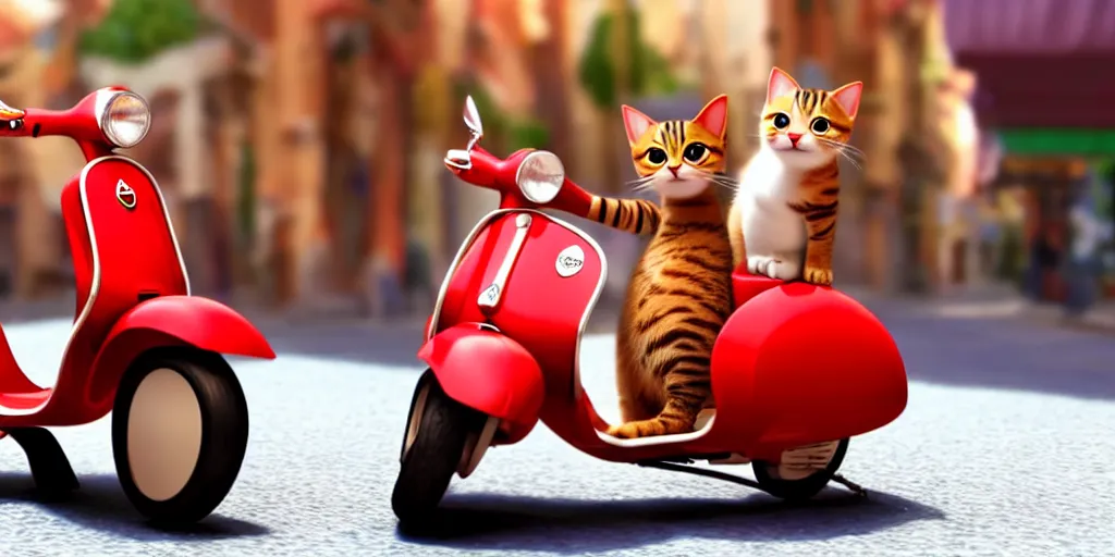 Prompt: a cute cat on a vespa wearing red sunglasses, pixar animation studio, sharp render